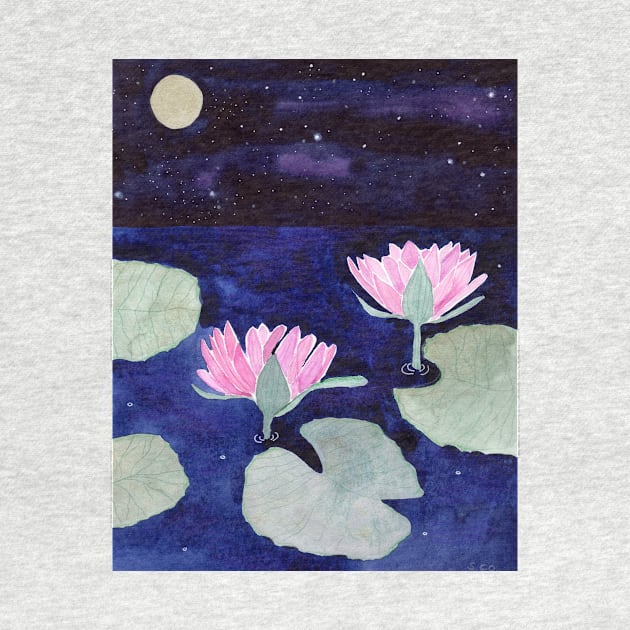 Water Lilies at Night Watercolor Art by Sandraartist